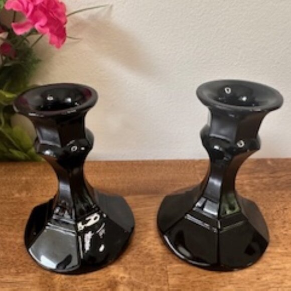 Vintage Indiana Glass Black Amethyst Candle Holders Pair Gothic Decor Art Deco S - Picture 2 of 5